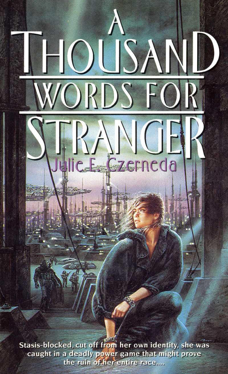 The cover of A Thousand Words for Stranger shows a woman, shackled and in a jumpsuit, kneeling in front of spaceships and approaching alien soldiers.