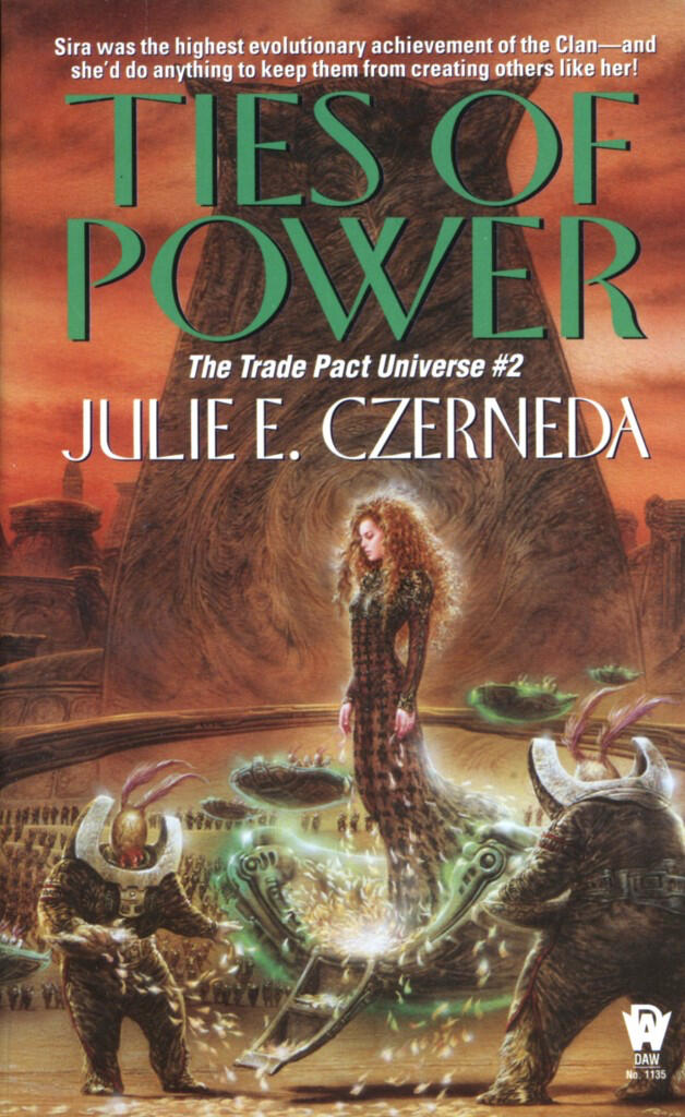 The cover of Ties of Power shows a woman rising out of some space between alien creatures.
