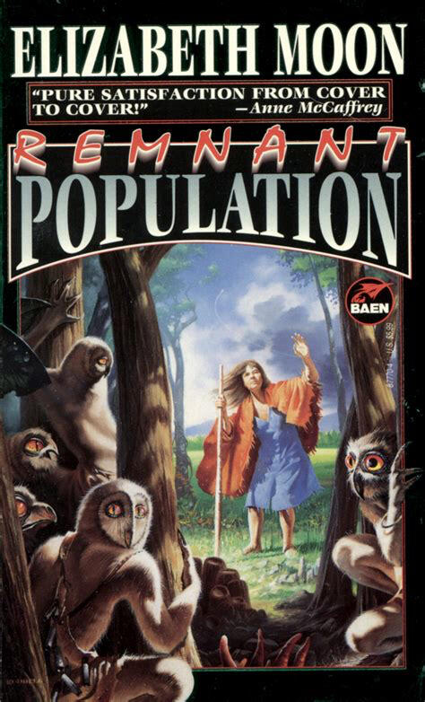 The cover of Remnant Population shows an old woman surrounded by monkey-owl hybrid creatures.